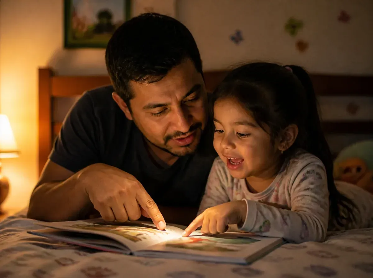 Un papá lee un cuento con su hija y le hace preguntas