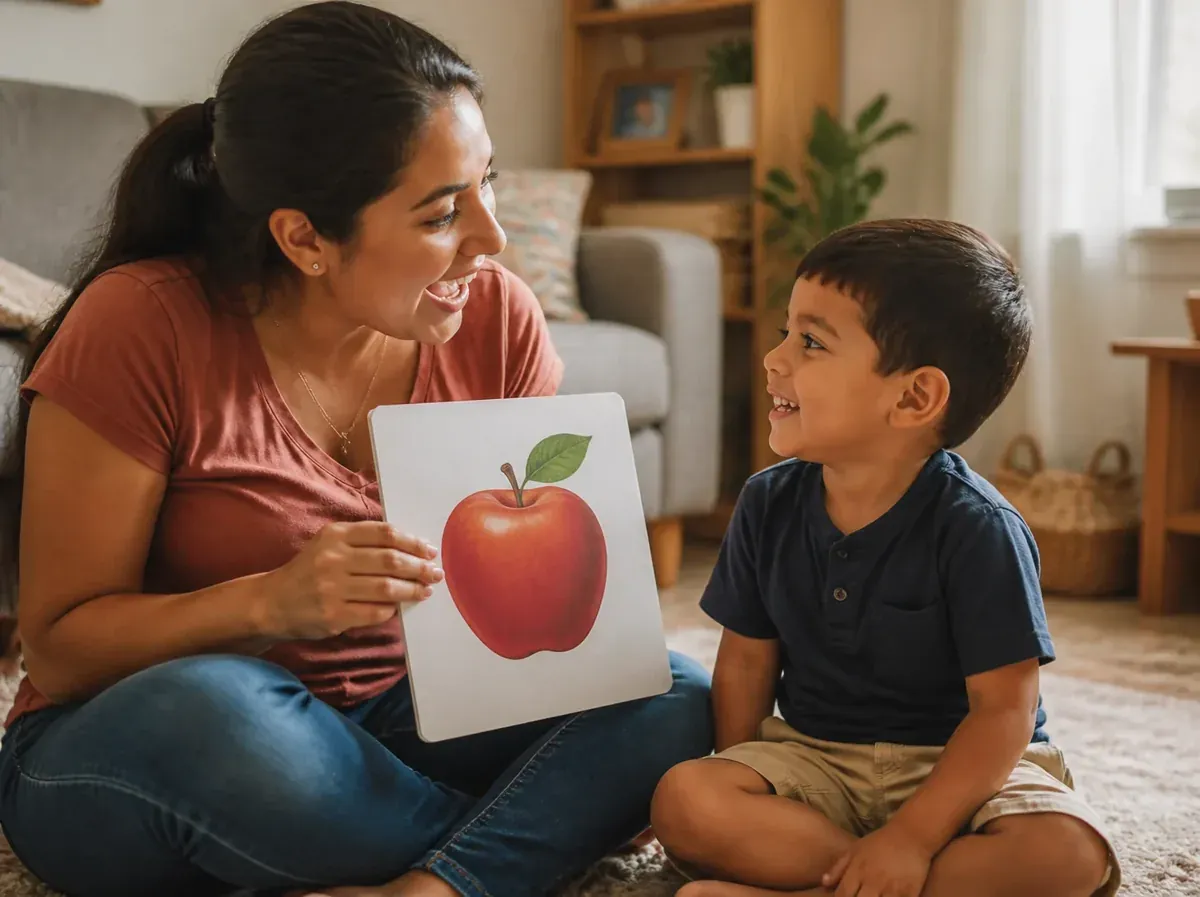 Una mamá juega con su hijo usando una tarjeta ilustrada